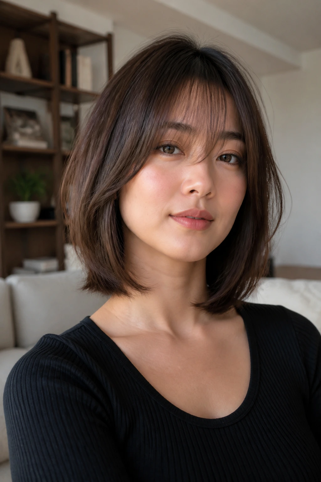 Close-up of a real woman with fringe-forward lob showing curtain bangs
