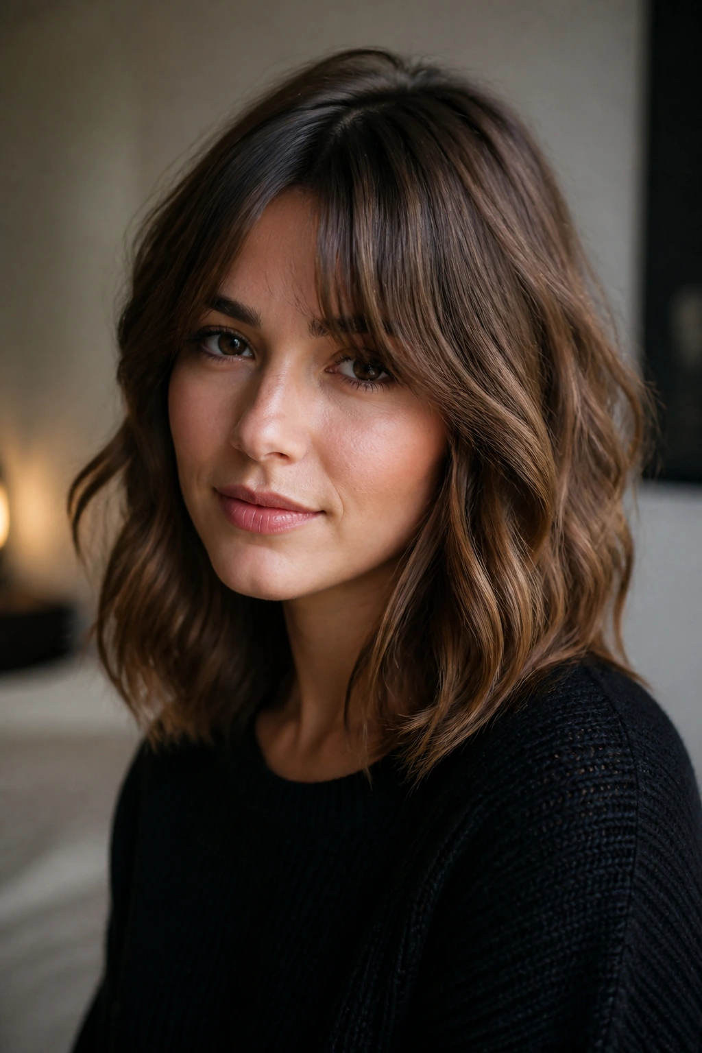 Portrait of a woman with fringe-forward lob showing fringe-forward variation