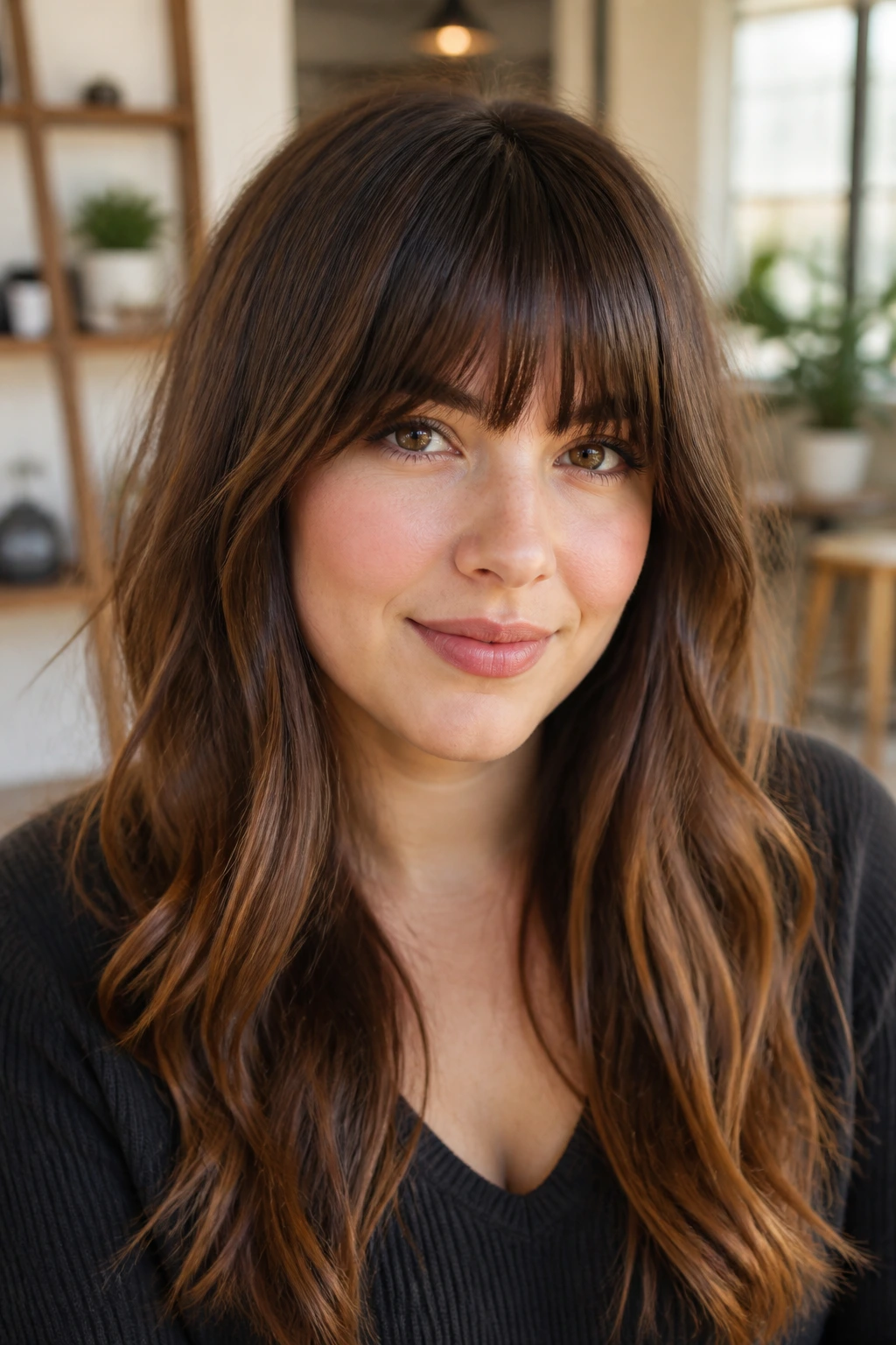 Real woman with a framing fringe shaping the forehead in a modern interior