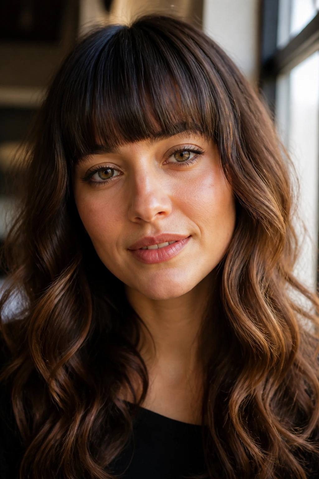 Close-up of a woman with a fringe that frames the face
