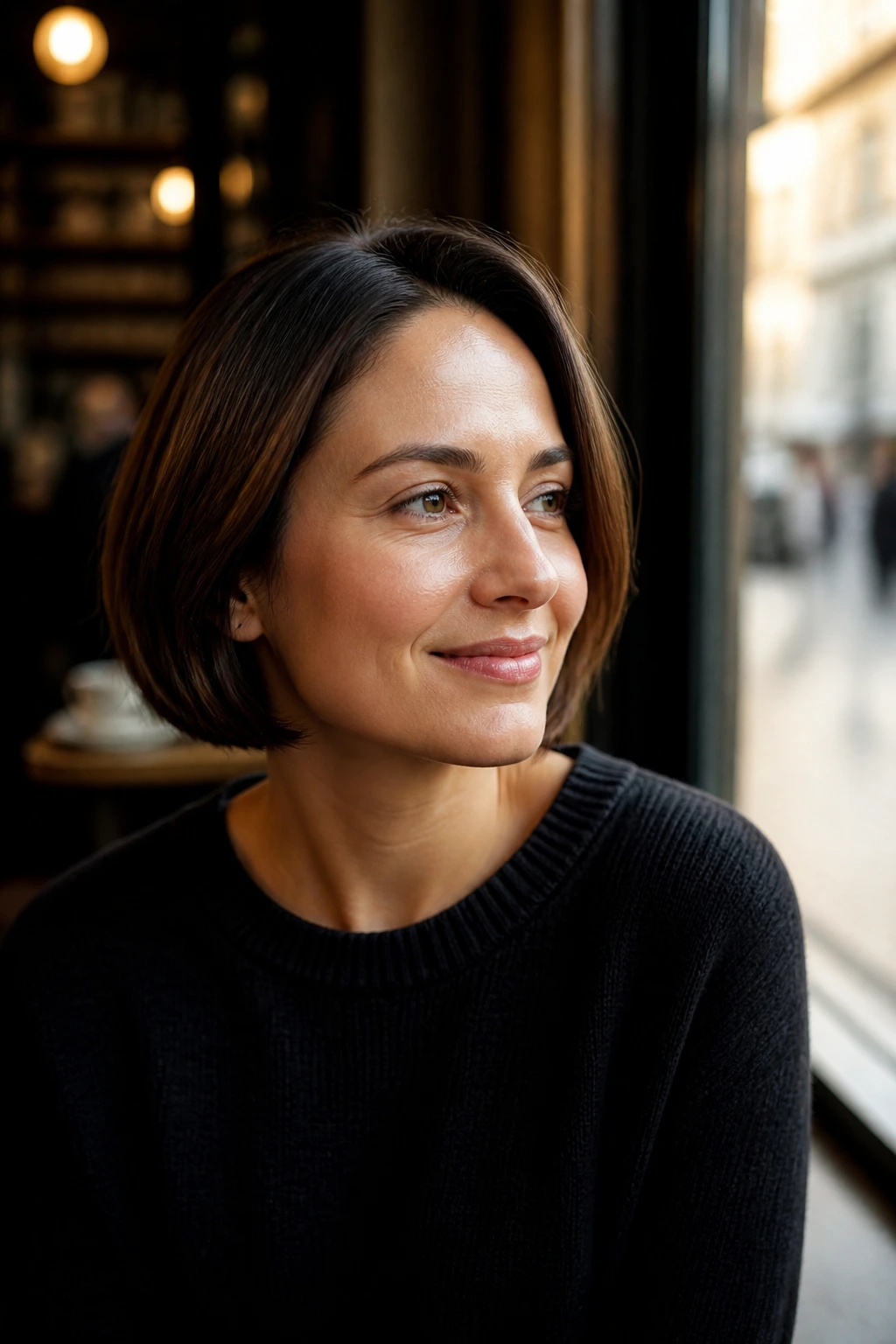 Portrait of a woman with a fringe-free bob by a cafe window
