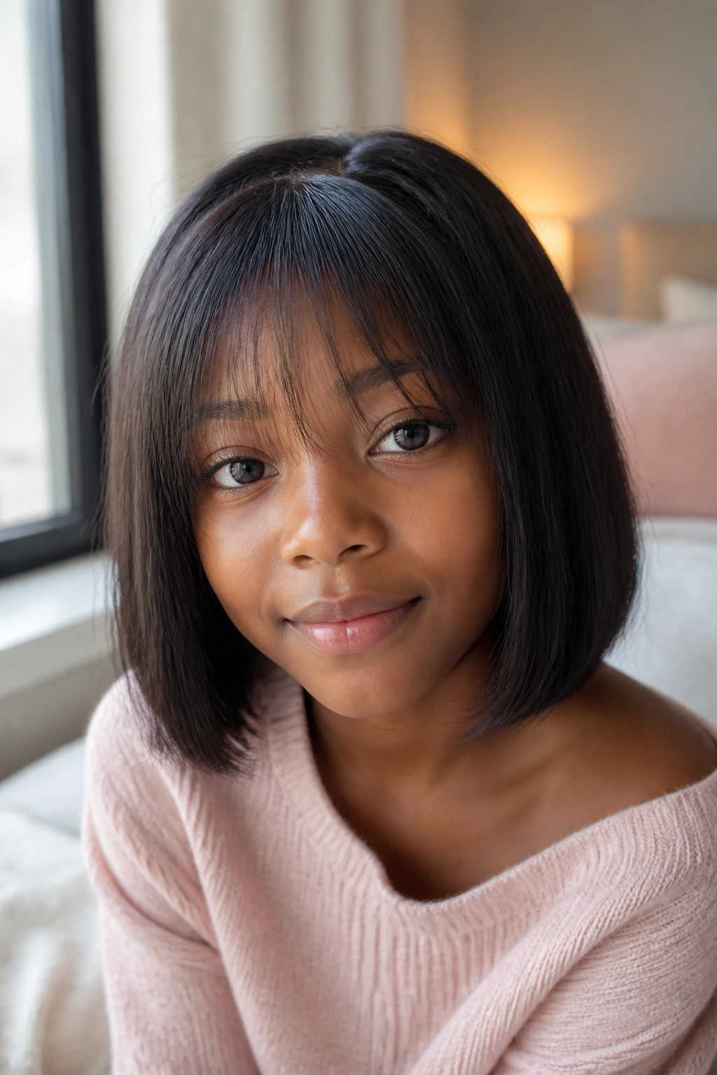 Close-up of a real child with a fringe-front bob