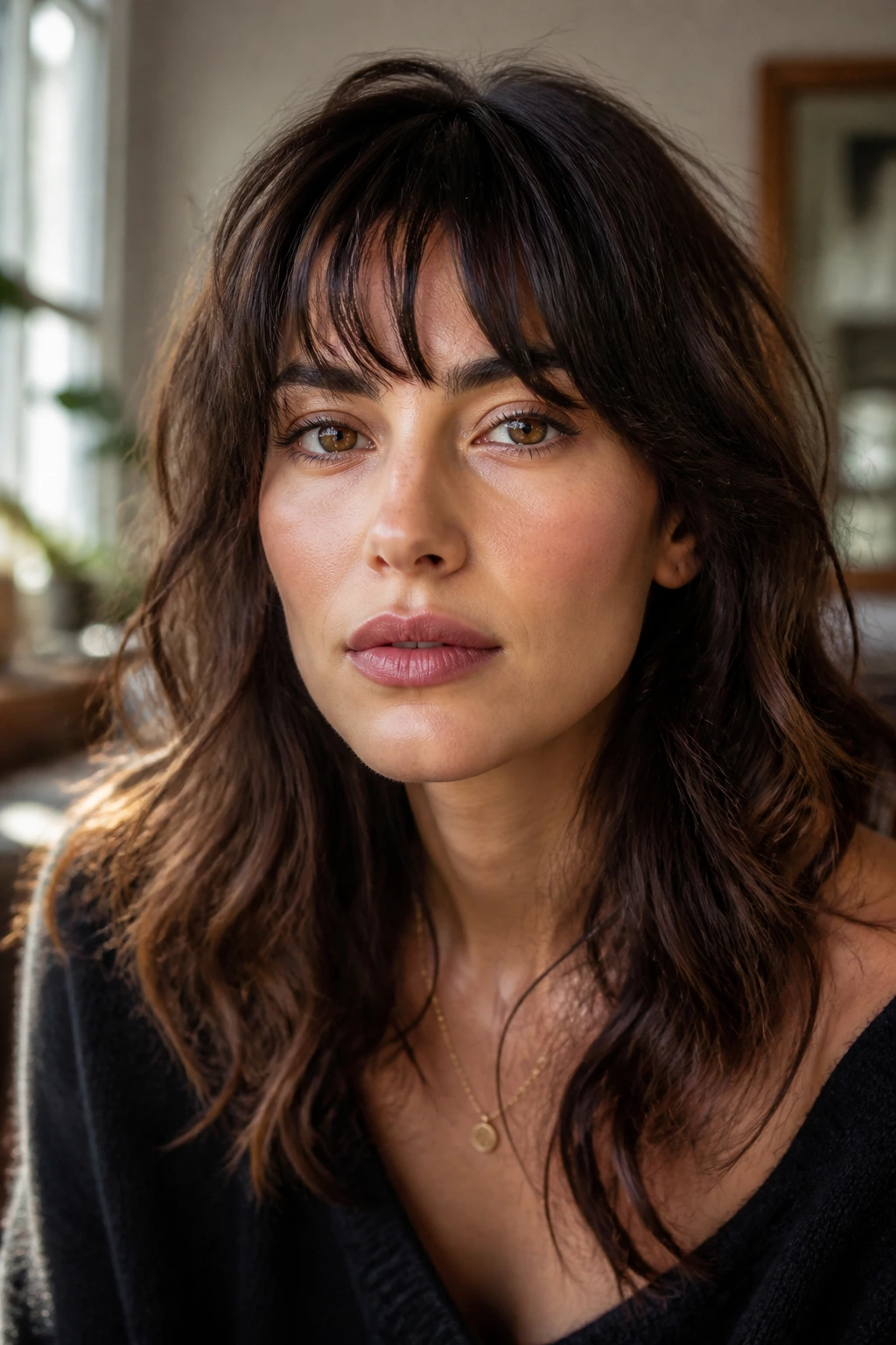 Close-up of a real woman with textured French-girl fringe and separation.