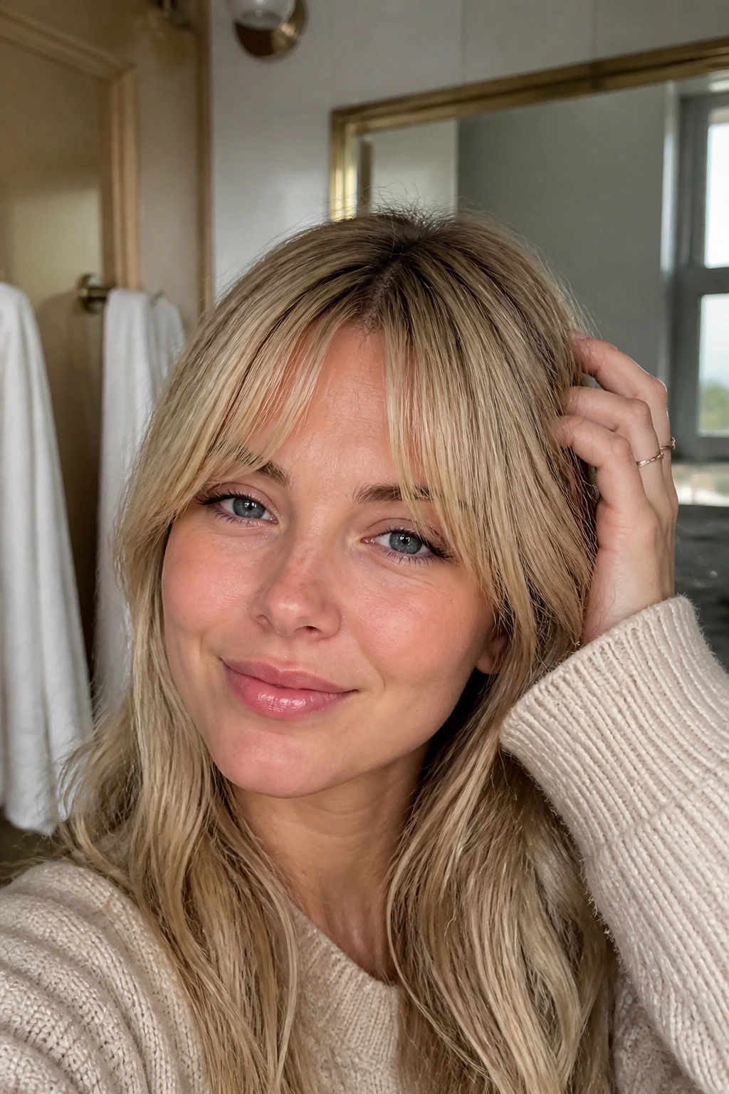 Close-up of a woman with a soft grow-out fringe in natural light