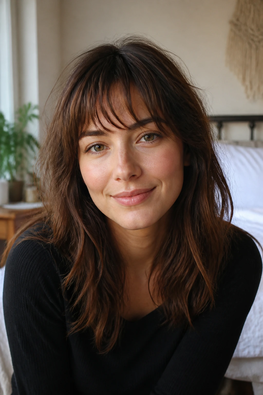 Close-up portrait of a real woman with choppy grow-out bangs in soft window light