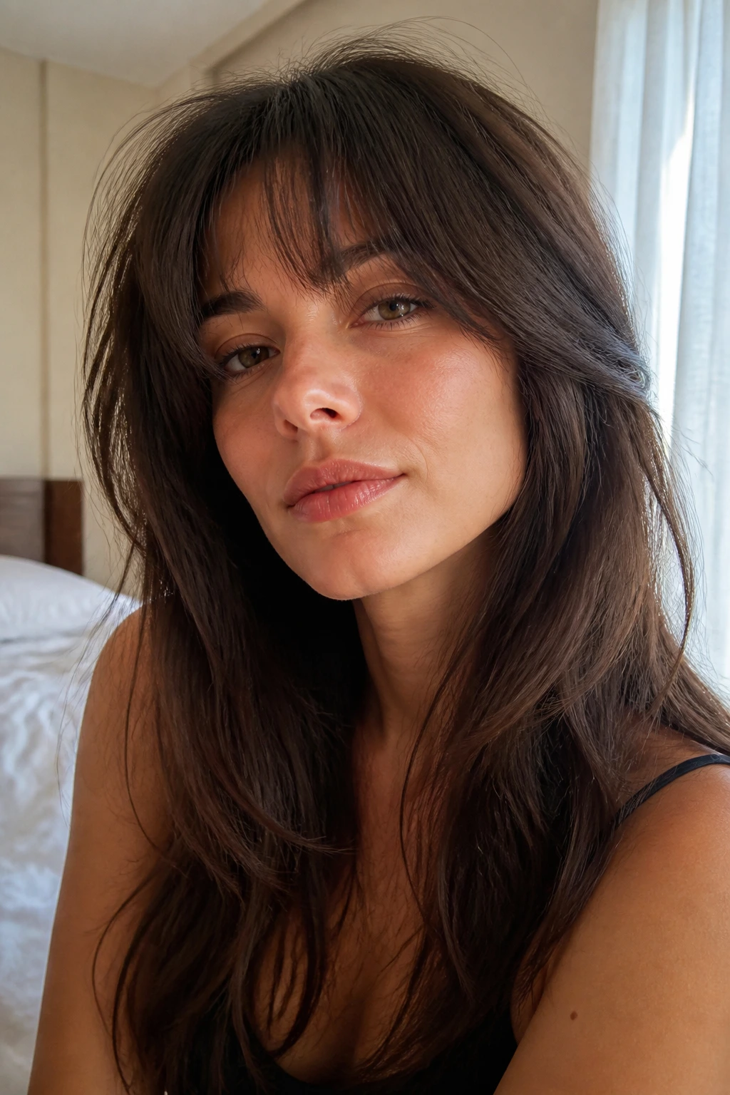 Close-up of a real woman wearing French-Girl Fringe with a soft, grown-out edge.