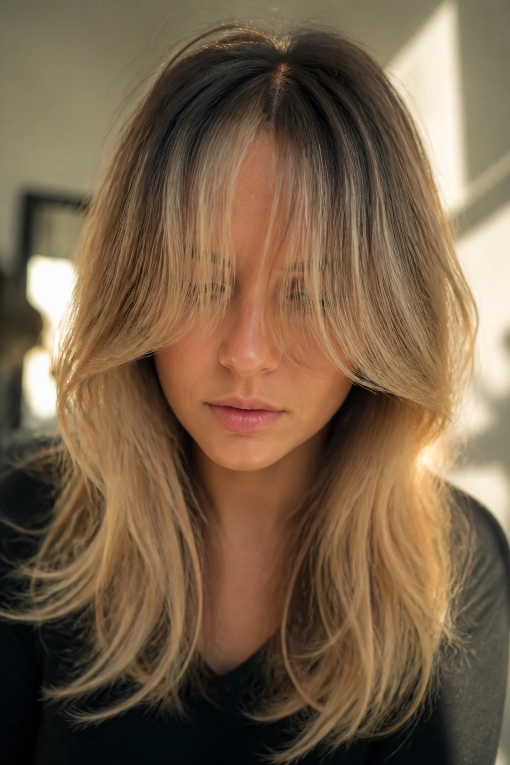 Close-up of real woman's curtain bangs extended into eyes, past the soft bend point.