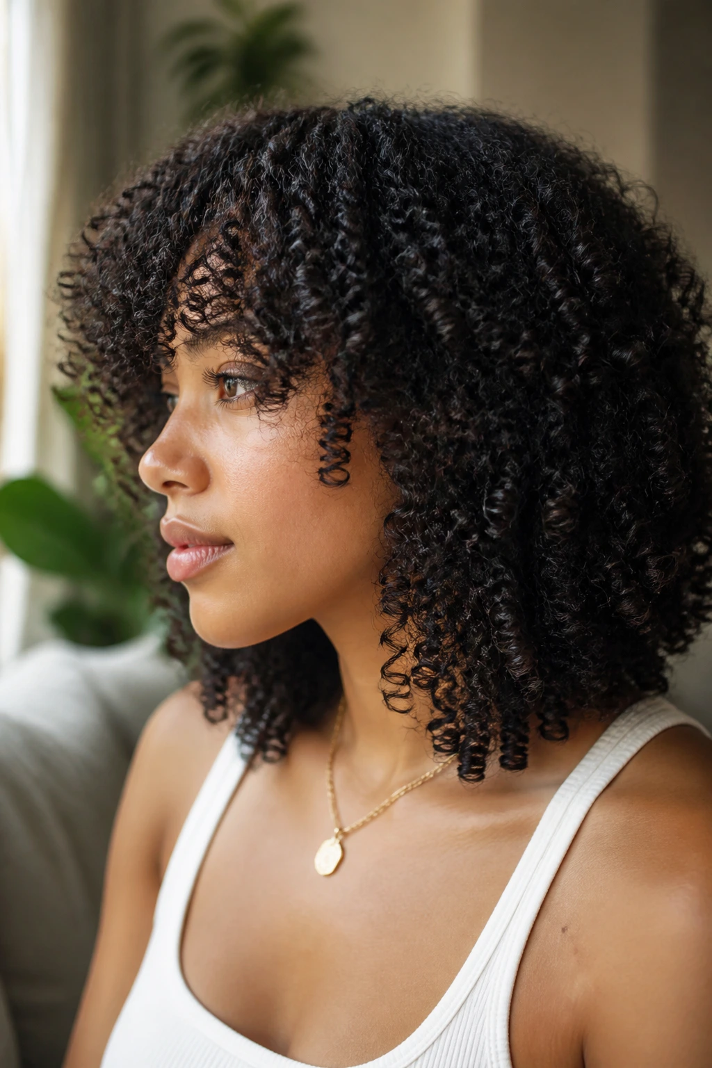 Close-up of a real person with growing fringe and layered natural curls in a home setting