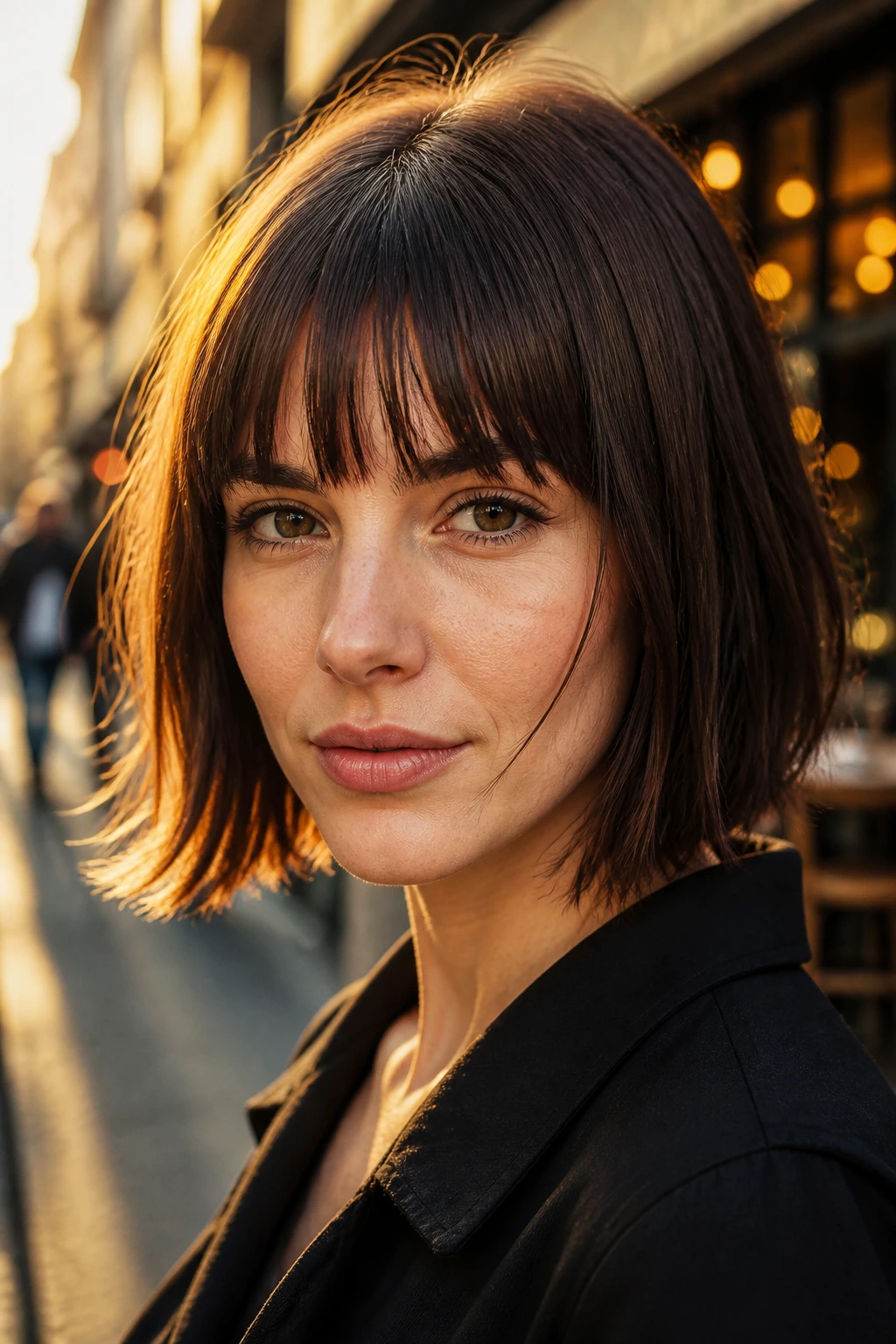 Woman with a blunt friendly fringe in golden hour light