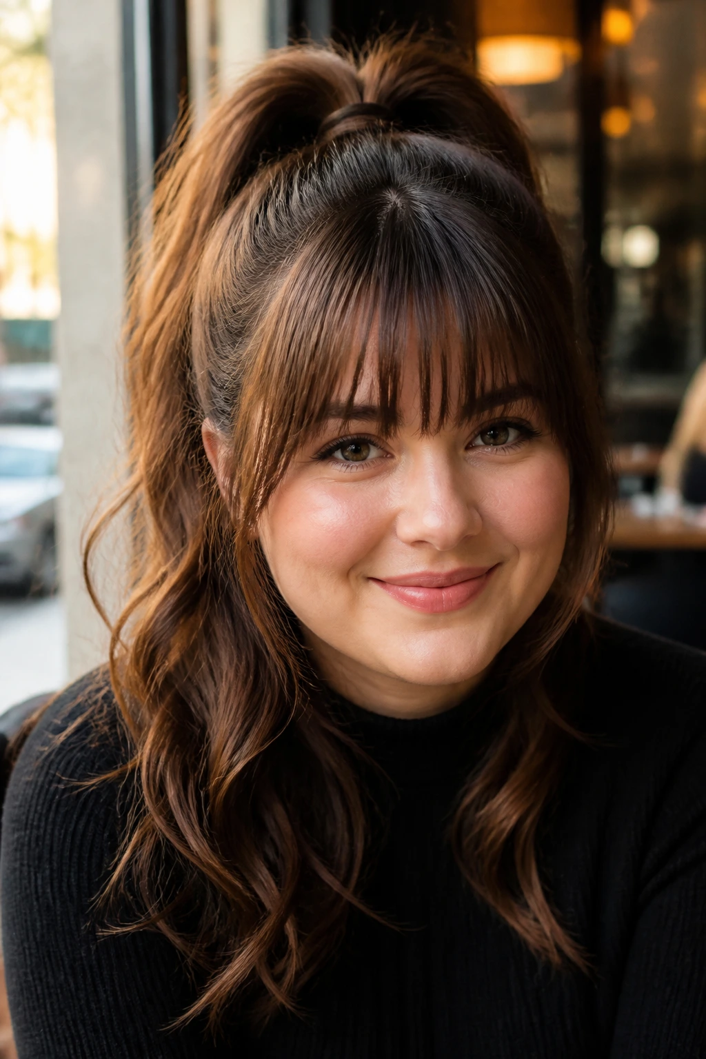 Close-up of a real woman with full fringe and high ponytail