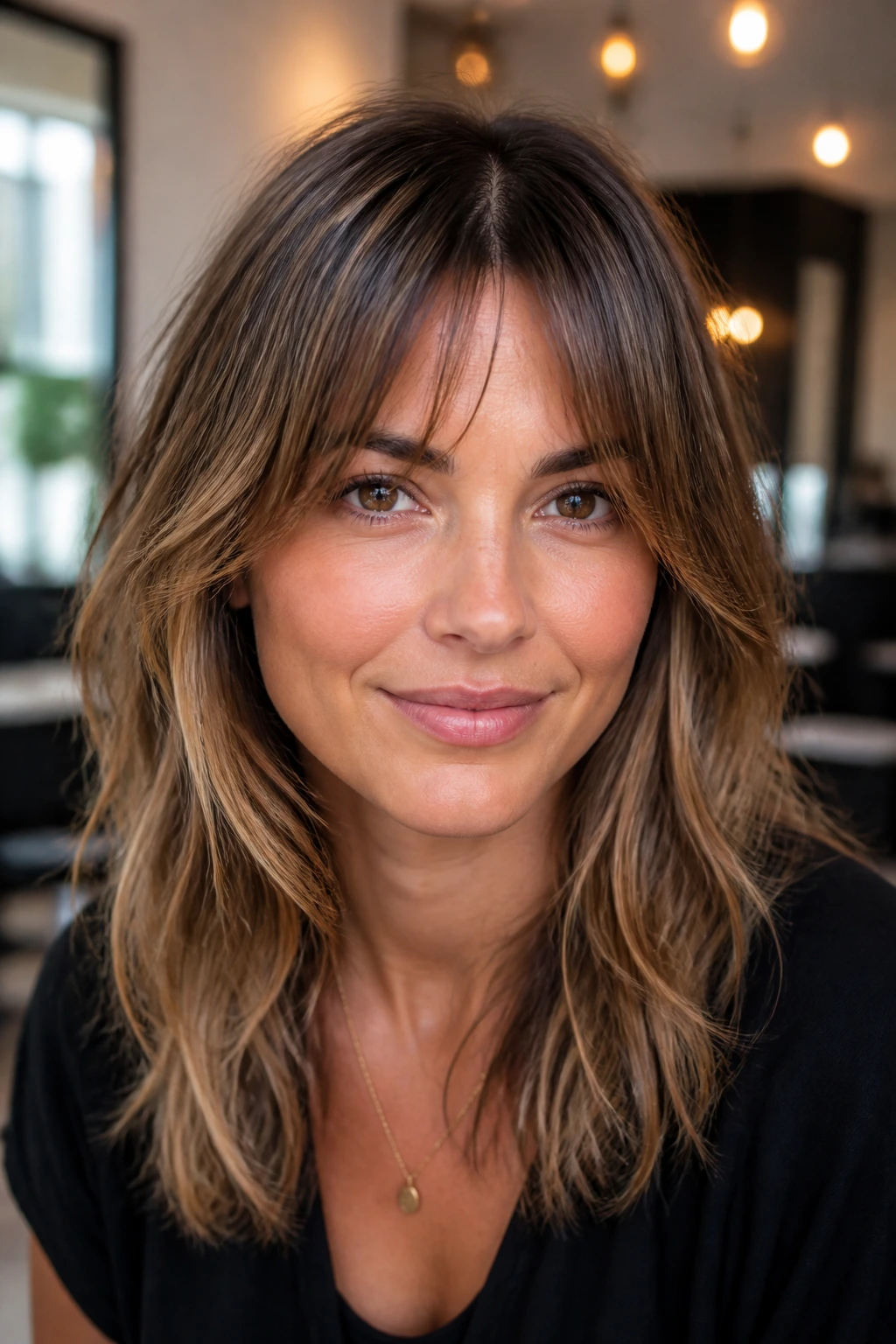 Close-up portrait of a real woman with a face-lengthening diagonal fringe in a warm salon