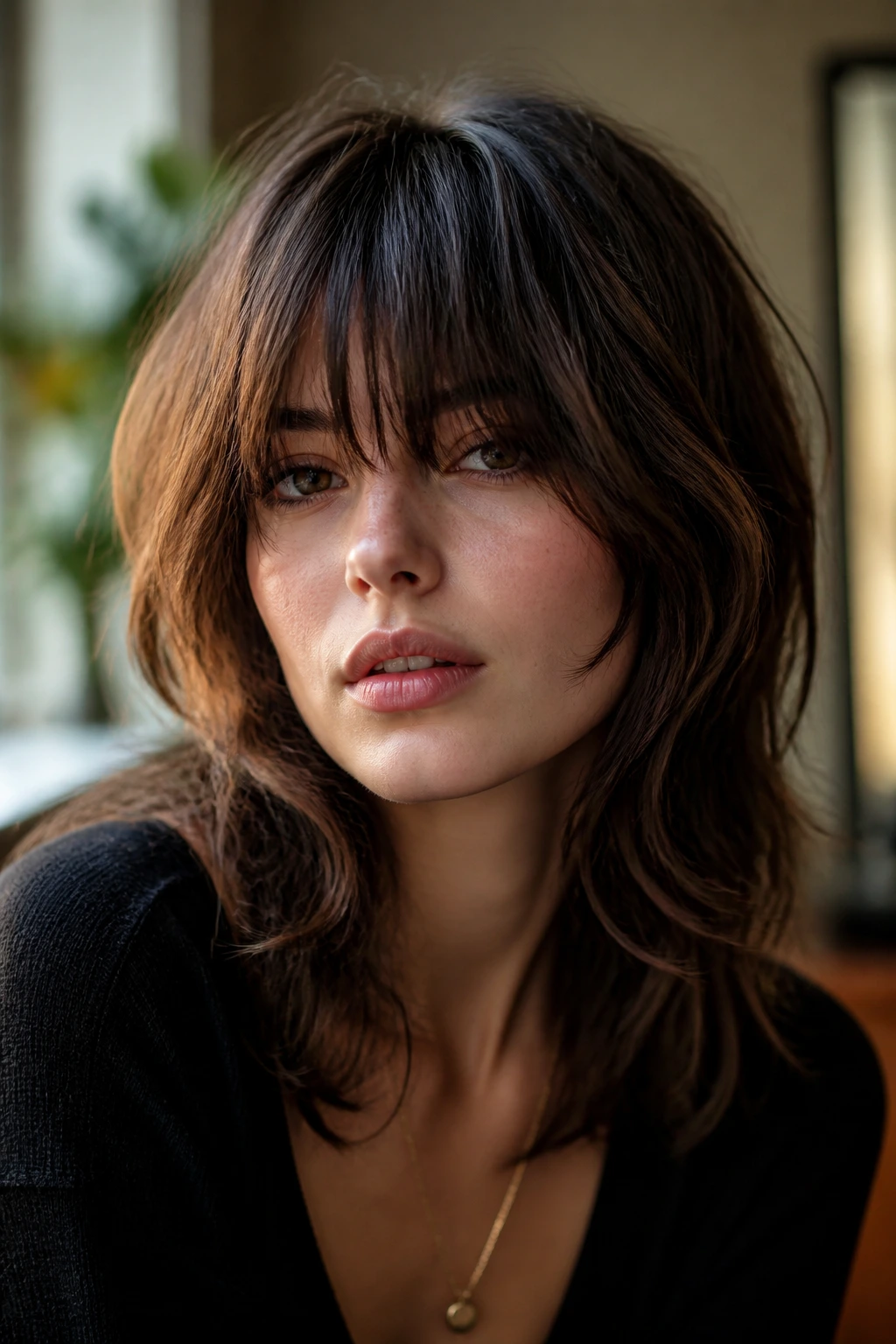 Real person with fringe-forward indie shag showing thick front fringe.