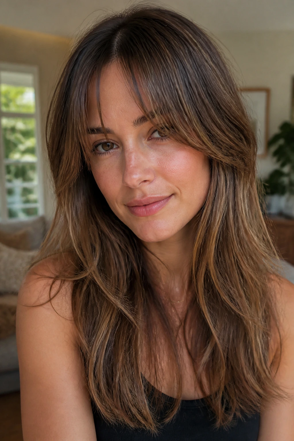 Close-up portrait of a real woman with grown-out fringe blending into long layers
