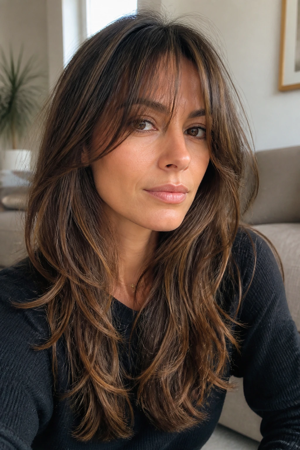 Close-up of a real woman with a face-hugging fringe and lived-in layers.