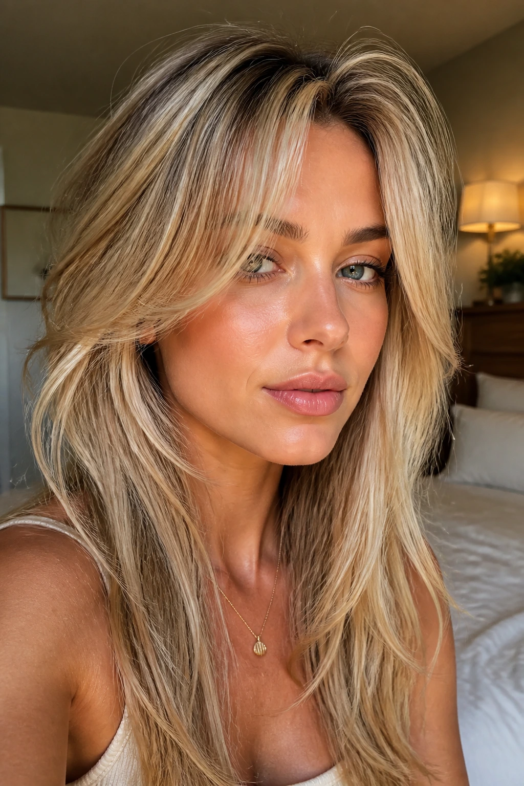Real person with lifted front hair pieces creating volume in soft room light.