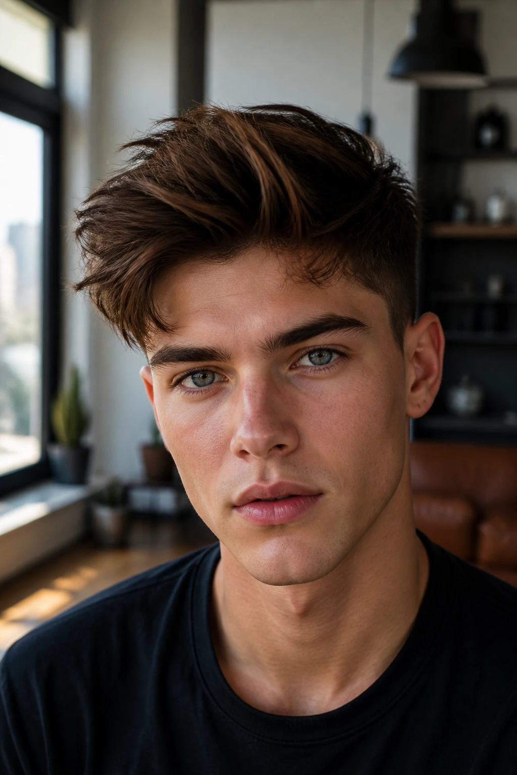 Close-up portrait of a real person with a fringe-lift quiff in a bright urban setting