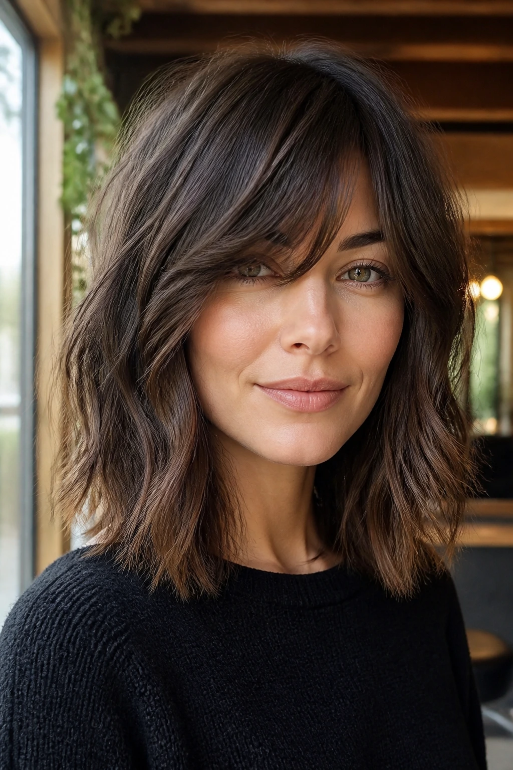 Close-up portrait of a real woman with a long fringe shag lob fringe sweeping cheekbones