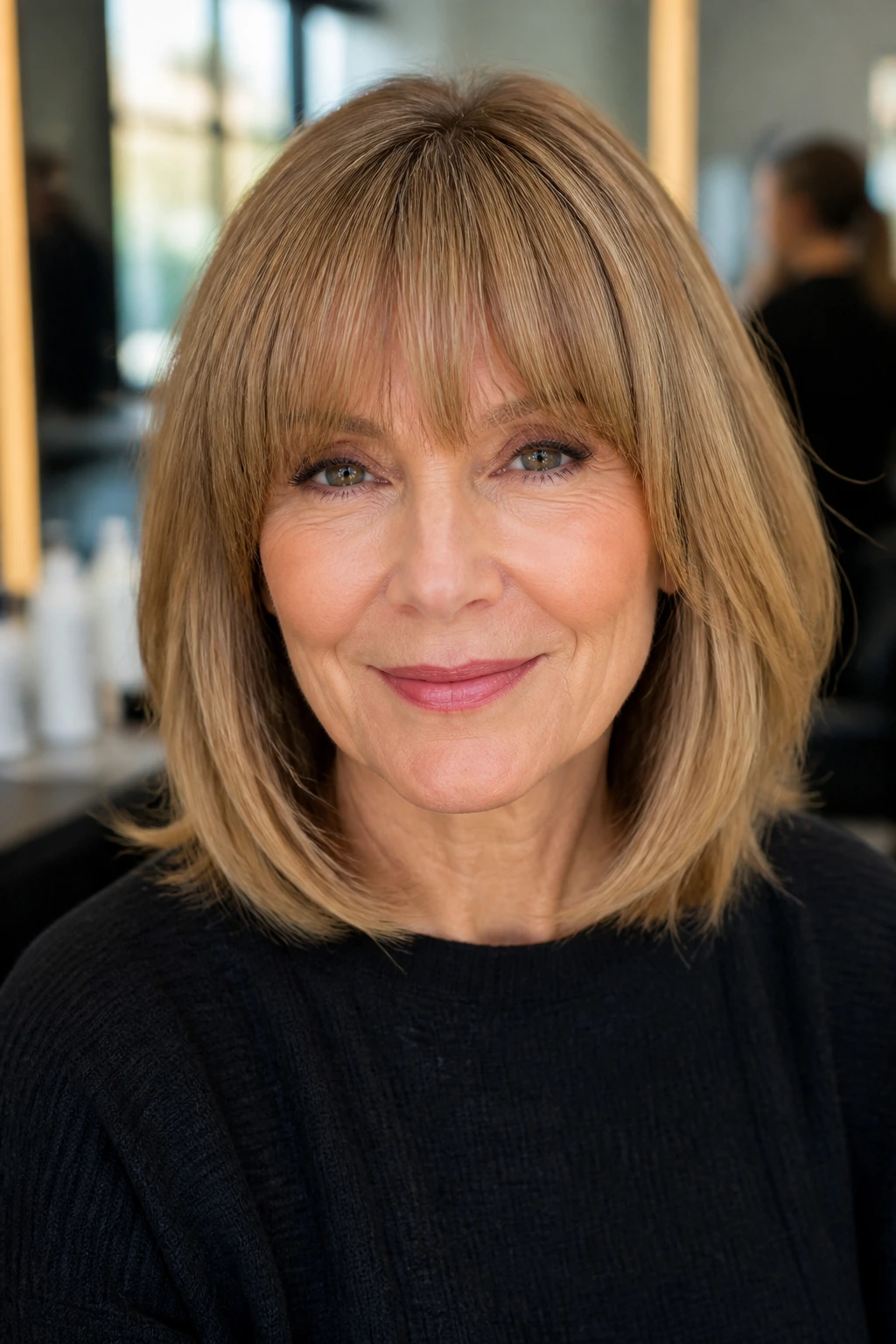 Woman with full fringe and mid-length hair in soft lighting
