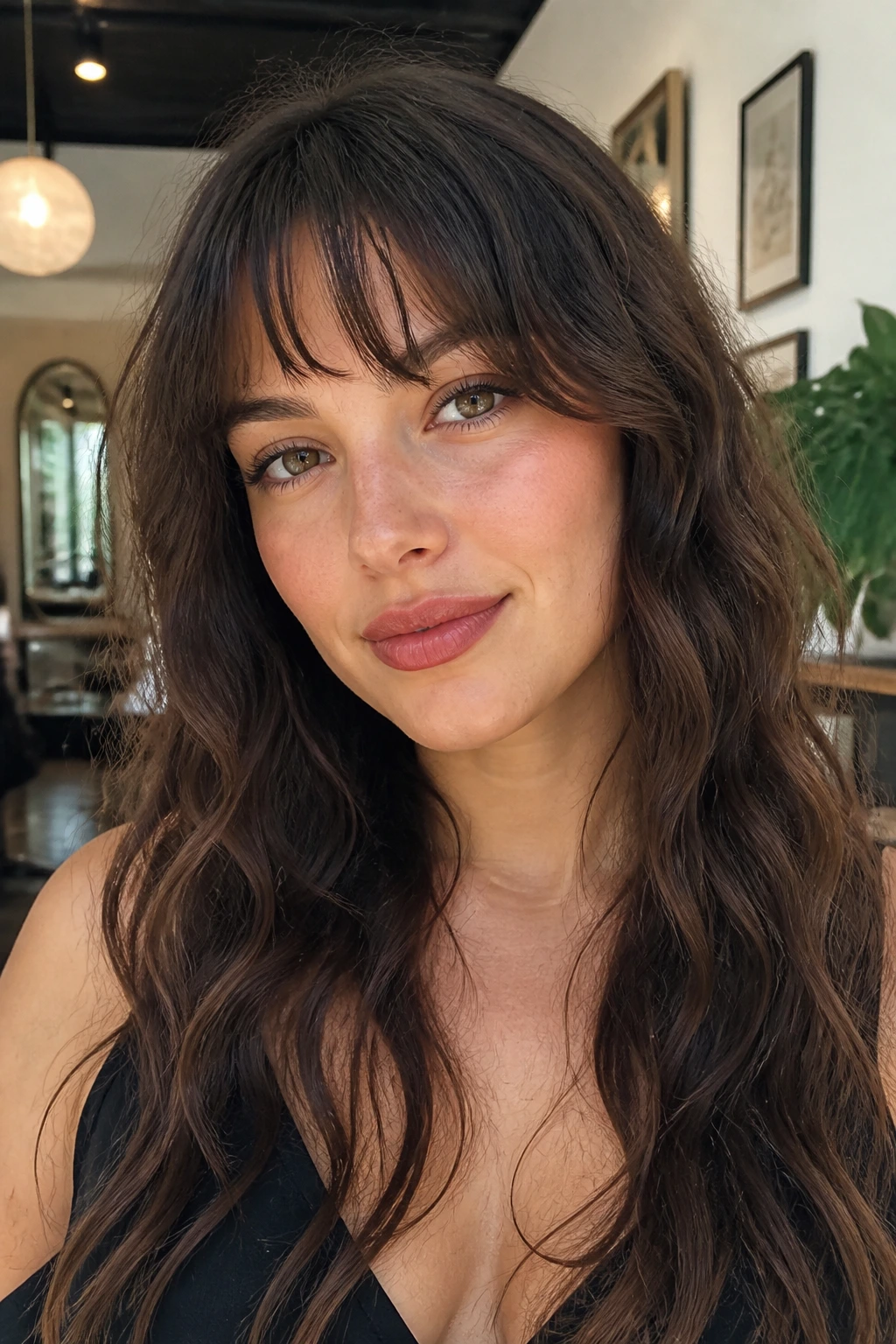 Portrait of a woman with a short fringe and long hair behind