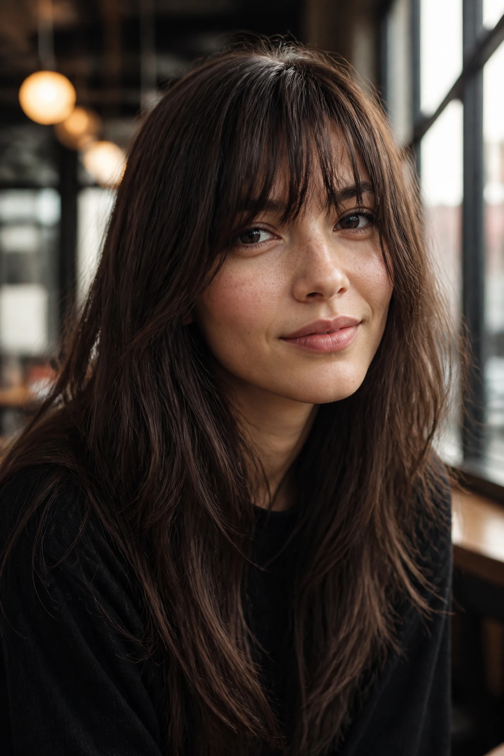 Close-up portrait of a real woman with a front fringe in warm cafe light