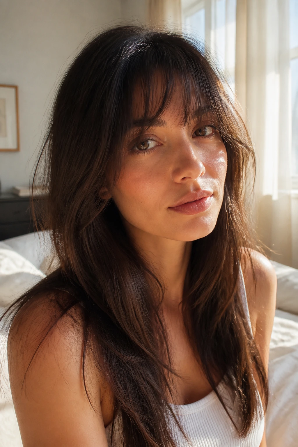 Close-up of a real woman with long layers and a French-girl fringe in warm window light.