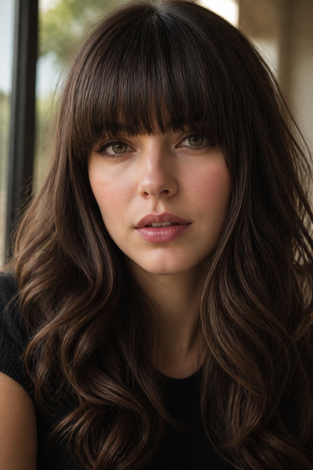 Portrait of a woman with a dramatic full fringe and long waves in warm light