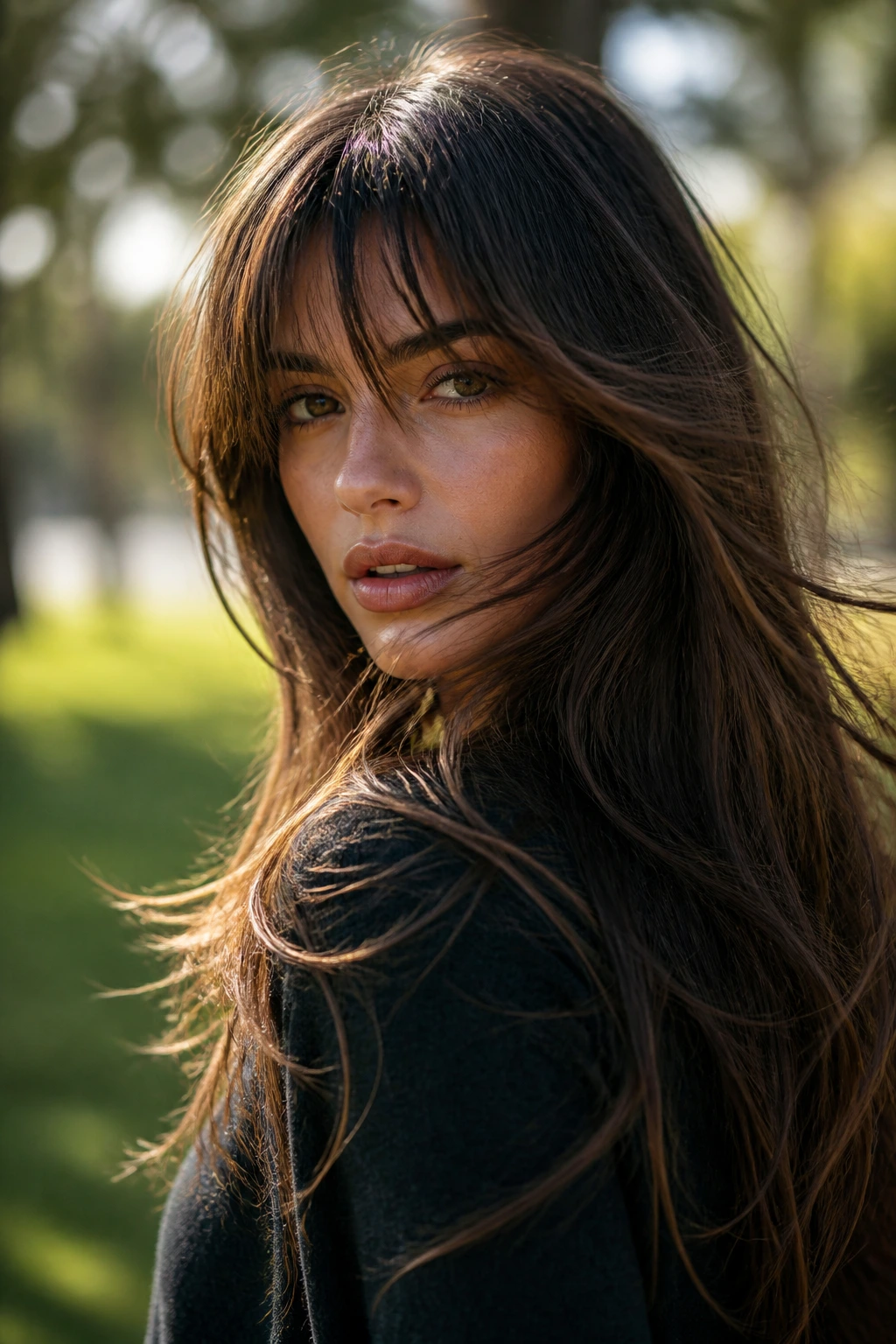 Close-up of fringe with long hair moving in wind