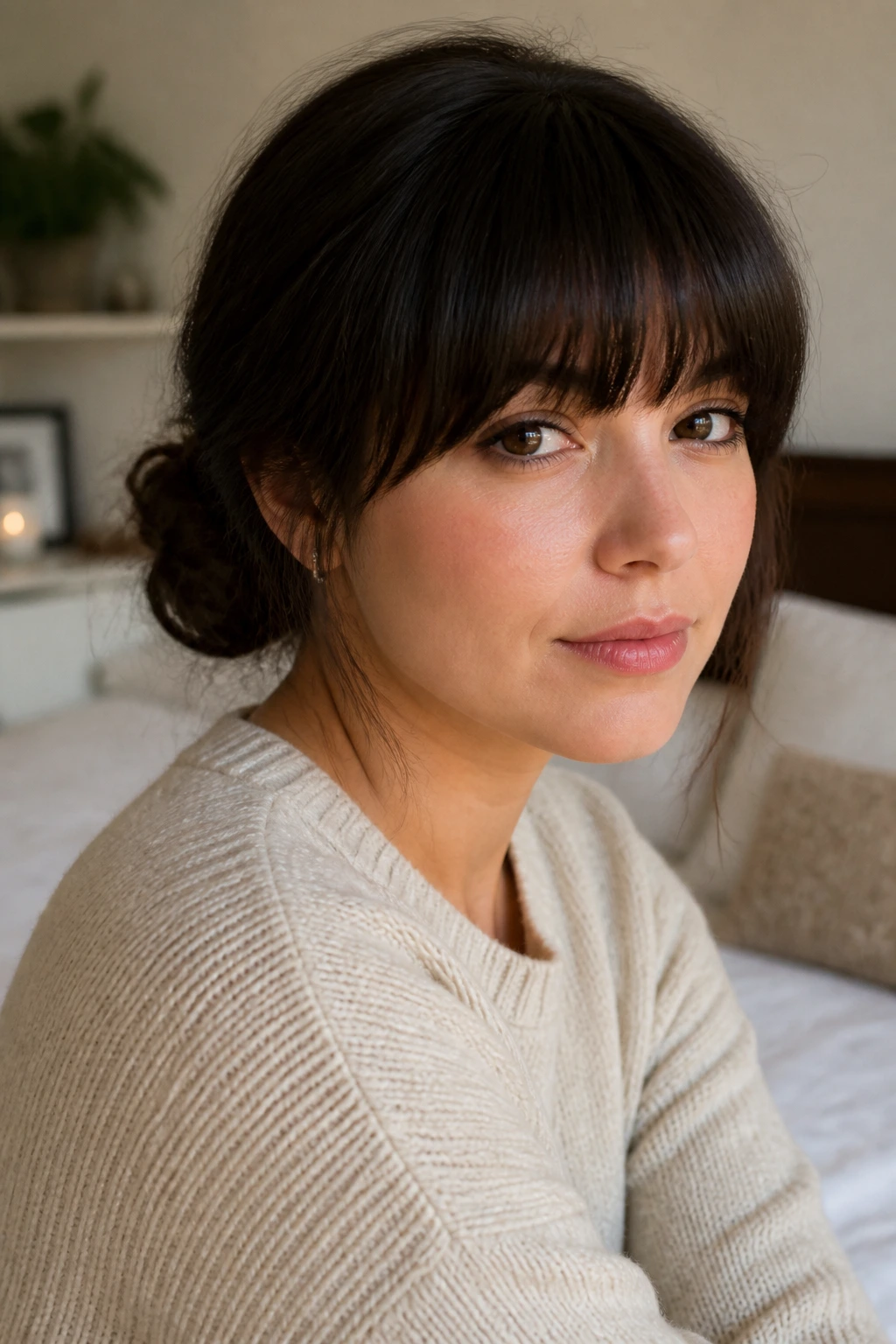 Portrait of a real woman with full fringe and a low bun at the nape