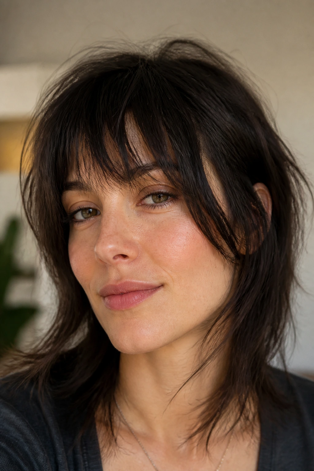 Portrait of a person with maintained fringe shape between haircuts.