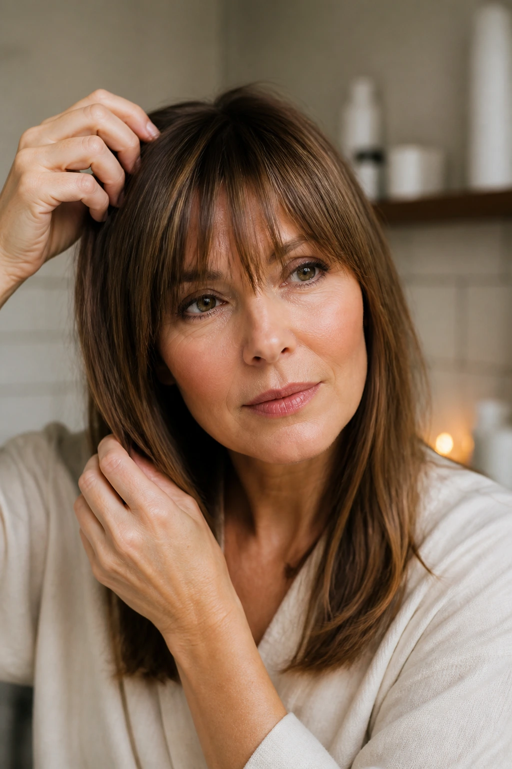 Close-up of a real woman with a crisp fringe framing the face in a warm bathroom setting