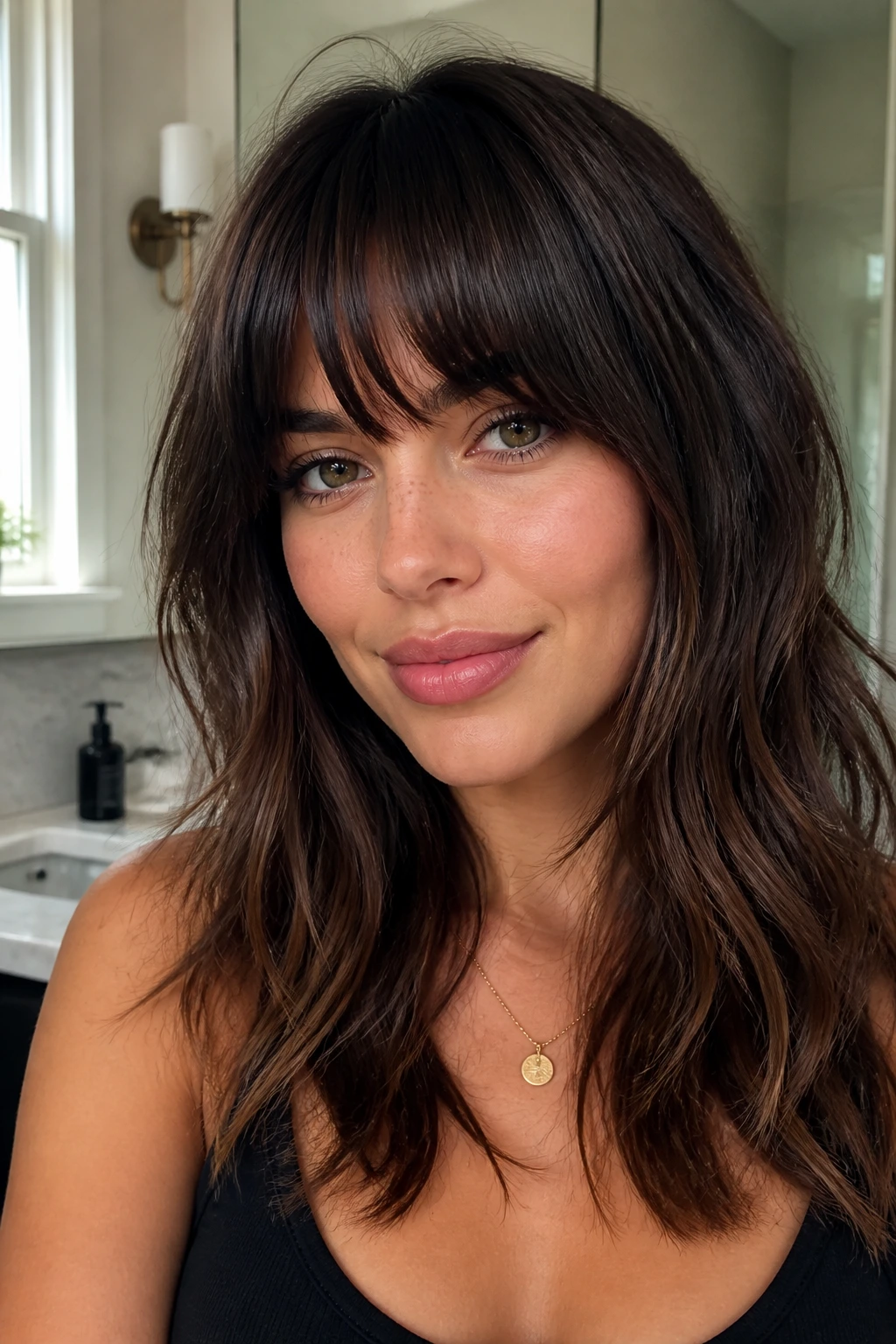 Close-up of a real woman showing a well-shaped fringe between salon visits