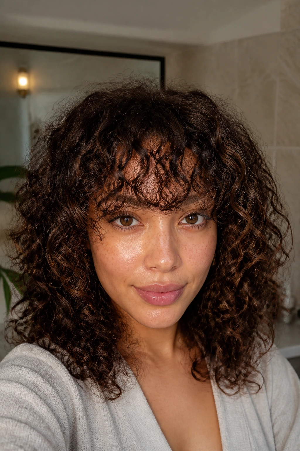 Close-up of a woman with curly bangs kept well between trims