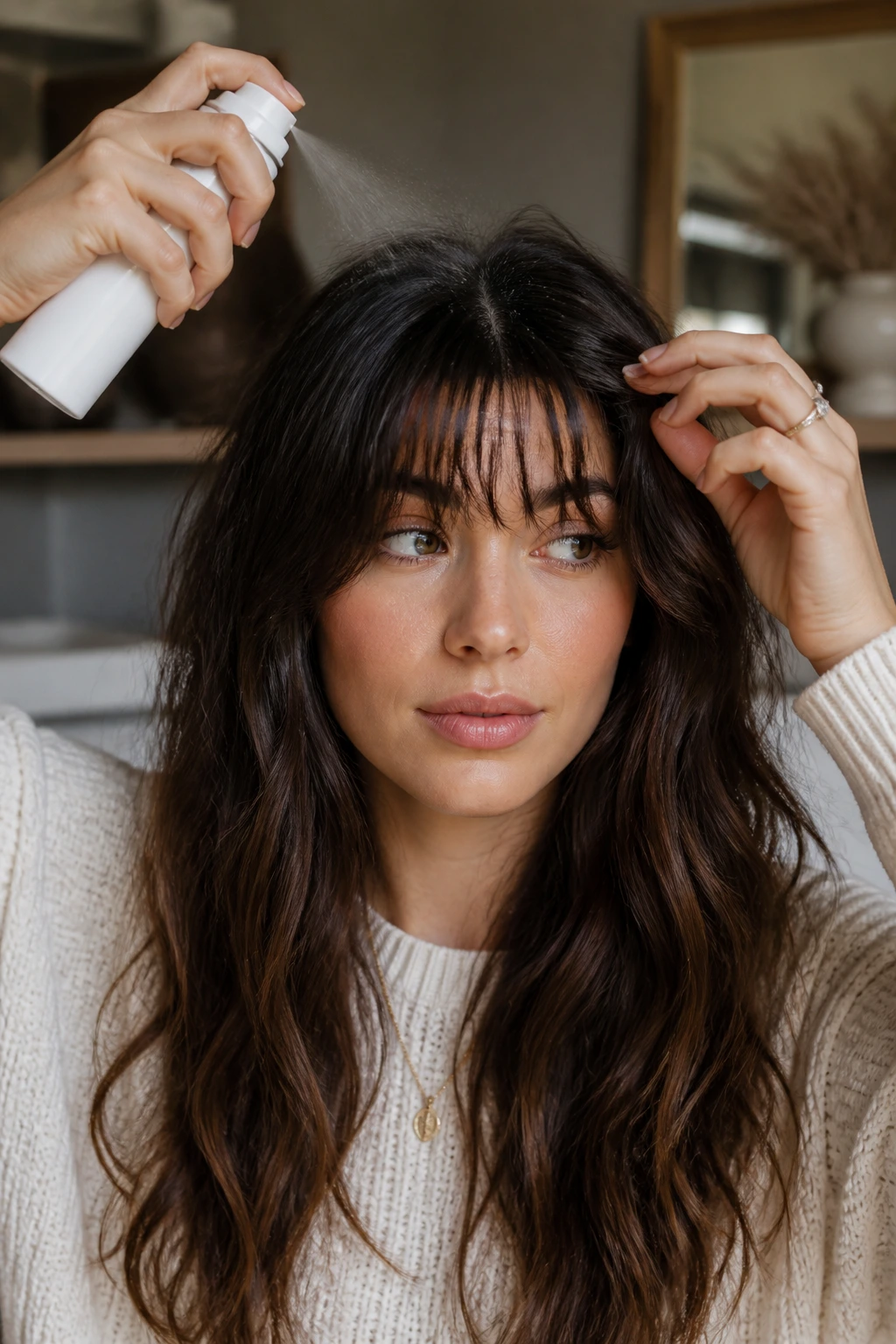 Portrait of a woman touching up her fringe with dry shampoo at the front