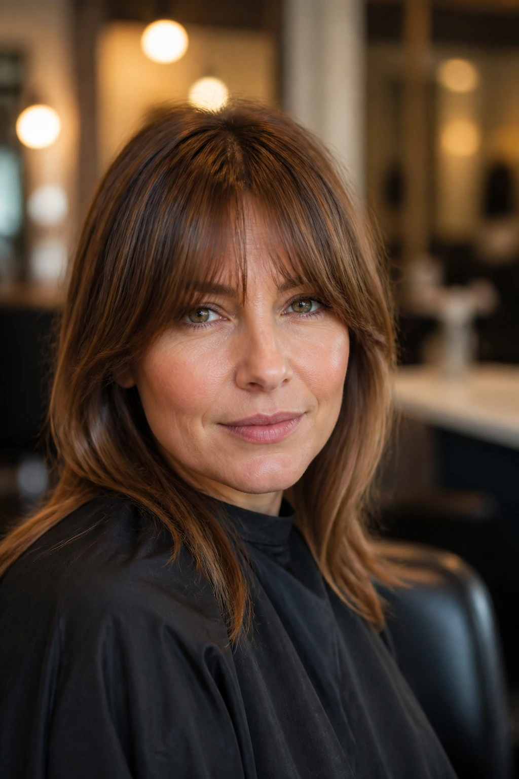 Close-up of a real person with a neatly styled long fringe resting on the forehead