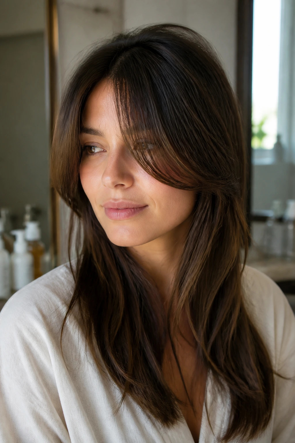 Real person with long sweeping bangs at lip length