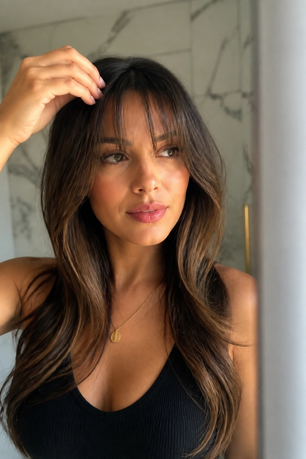 Real woman adjusting bangs in a softly lit bathroom.