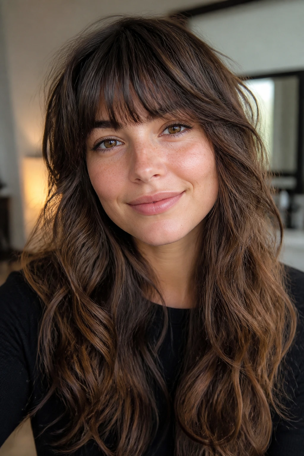 Close-up of a real woman with neatly trimmed fringe on a long shag