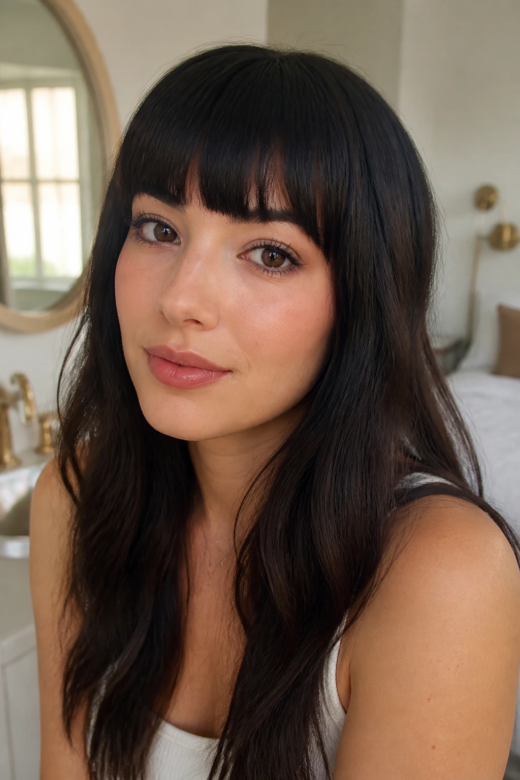 Close-up of a woman with crisp fringe between trims in a softly lit room.