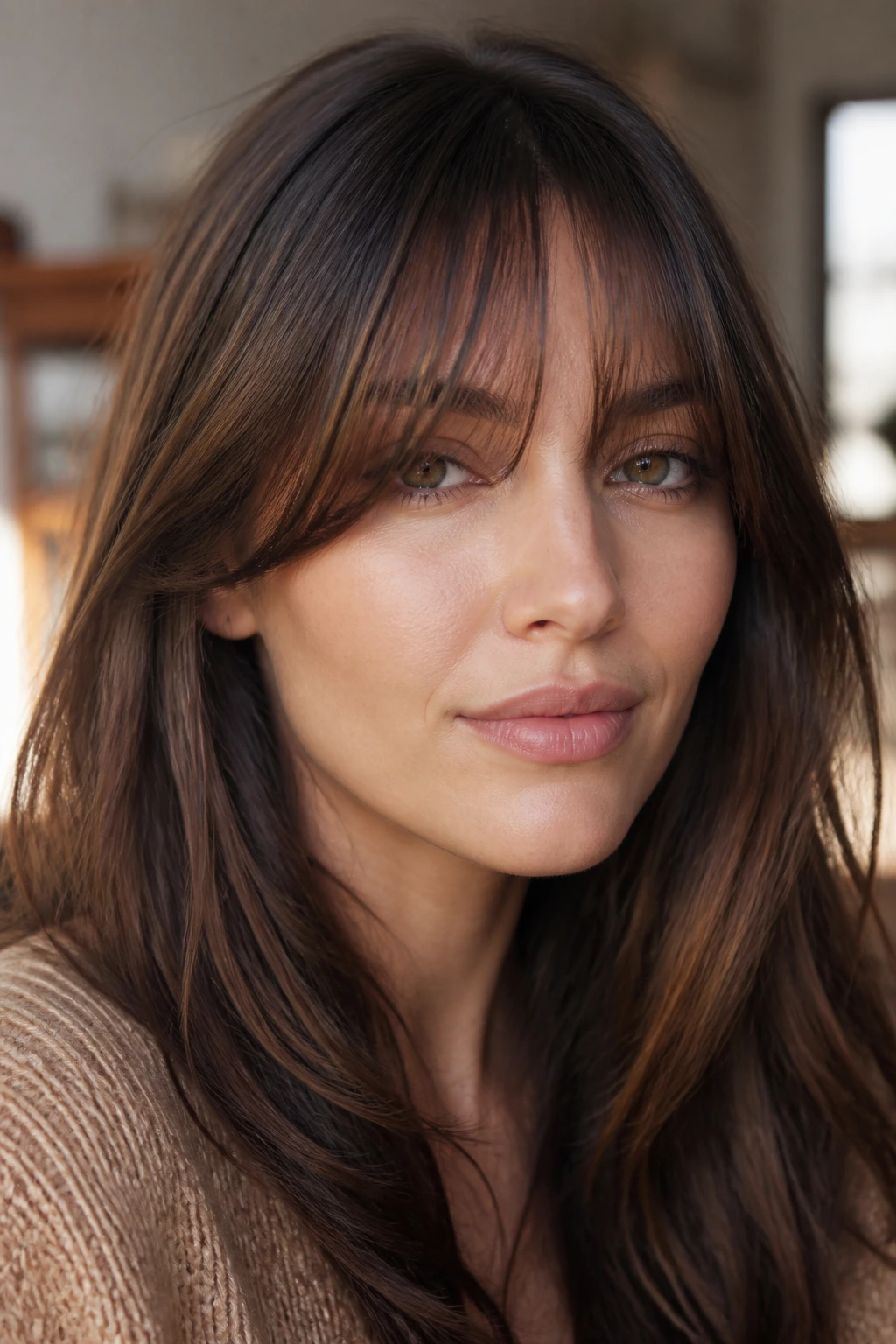 Close-up portrait of a real woman with shaped bangs between trims in soft light.