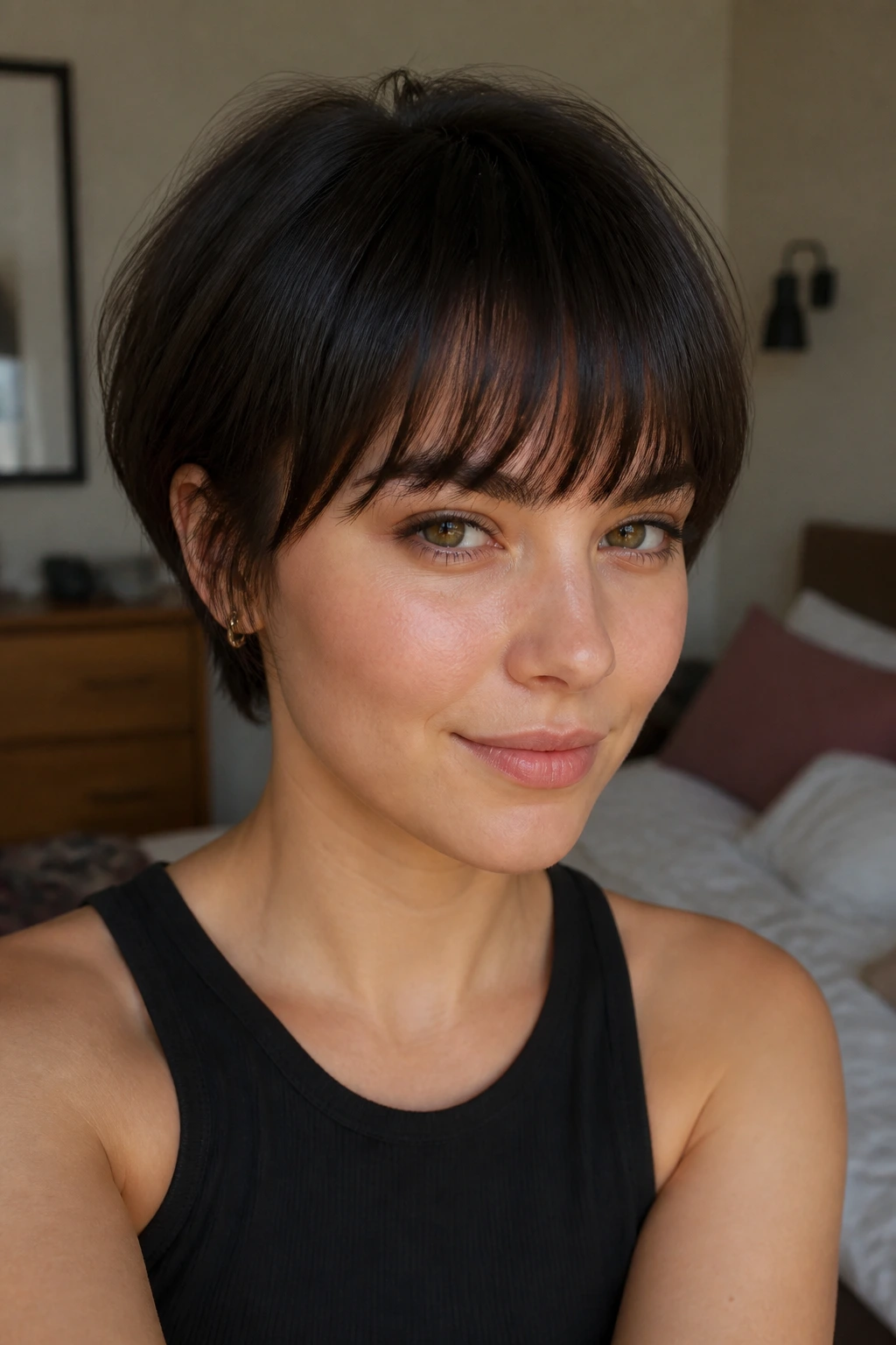 Portrait of a person with well-kept fringe between trims