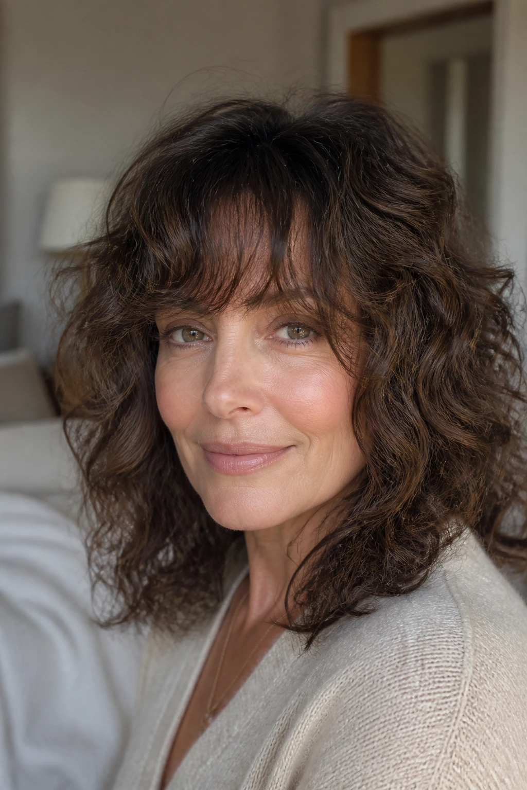 Real woman with long fringe maintaining shape in bedroom light