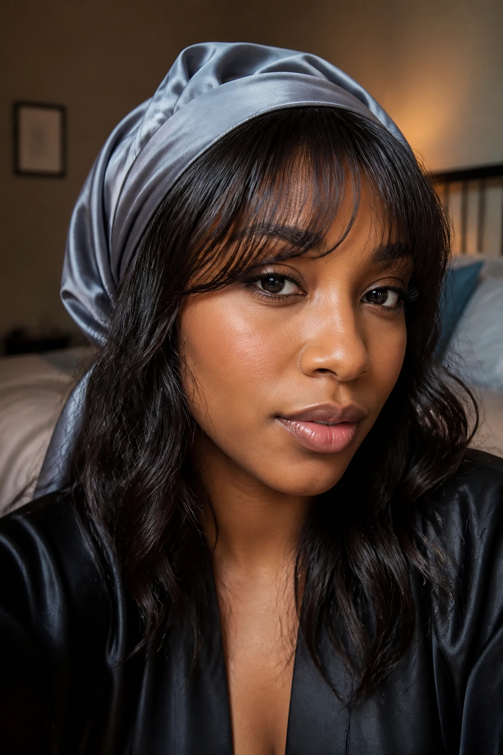 Close-up of bangs kept in shape with satin scarf at night