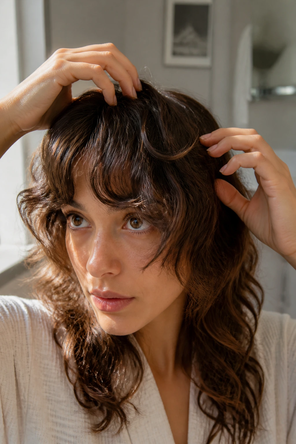 Close-up of a real woman adjusting a wavy fringe in morning light