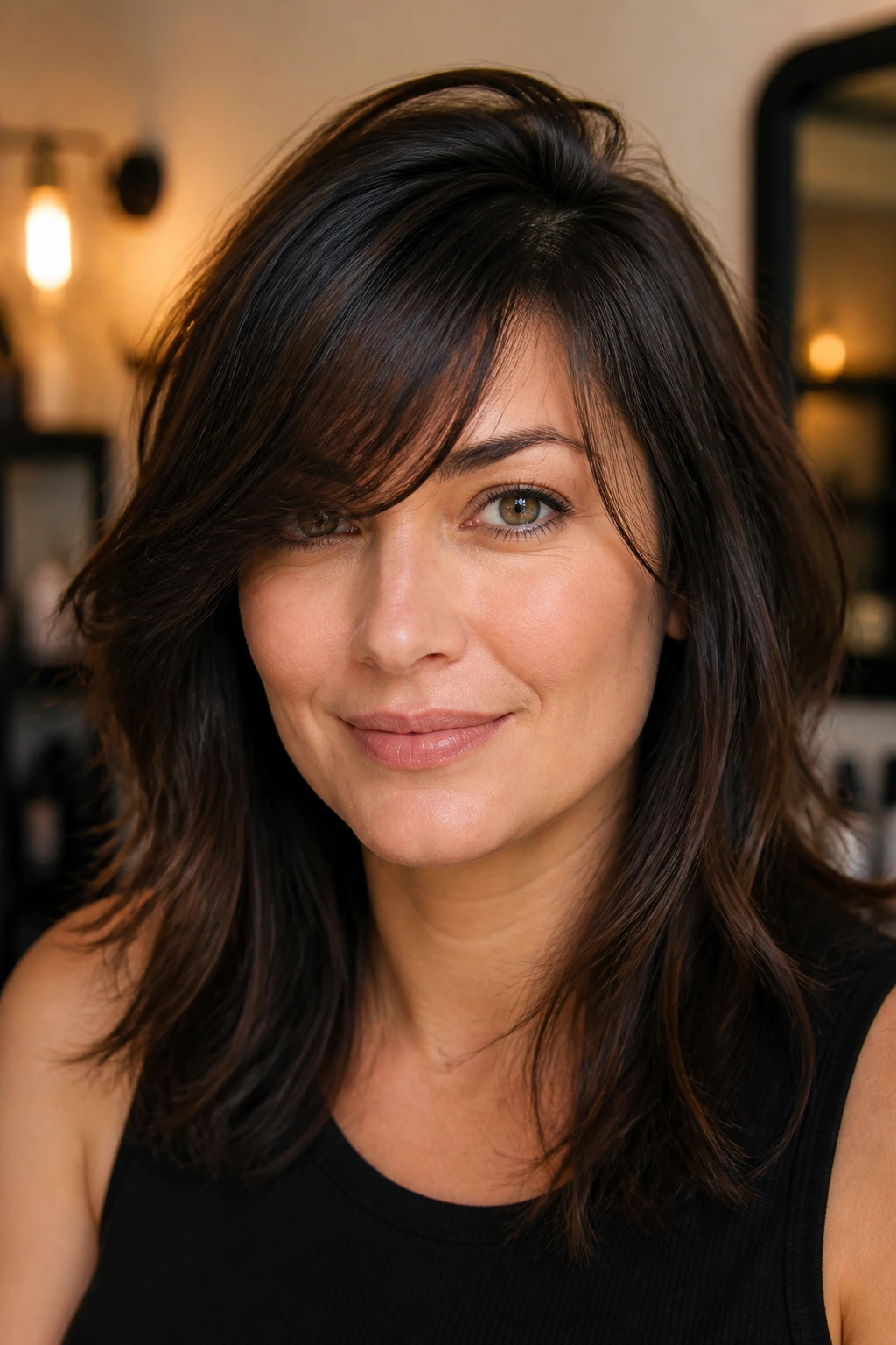 Portrait of a woman with a subtly tweaked fringe showing mood change