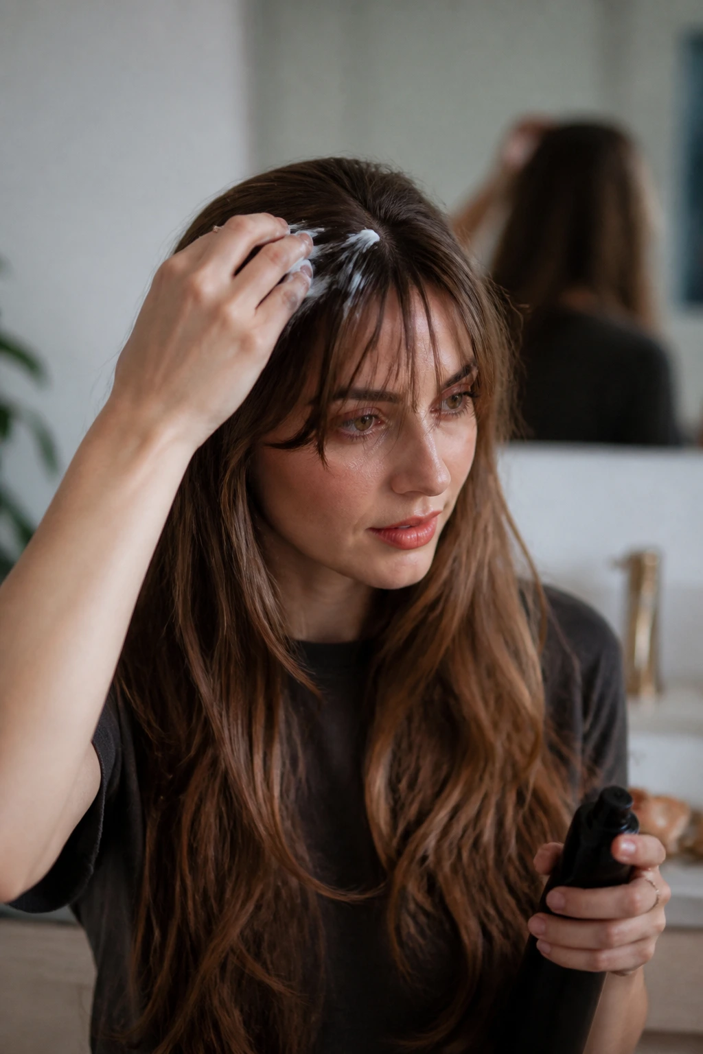 Person styling fringe with mousse at bathroom vanity