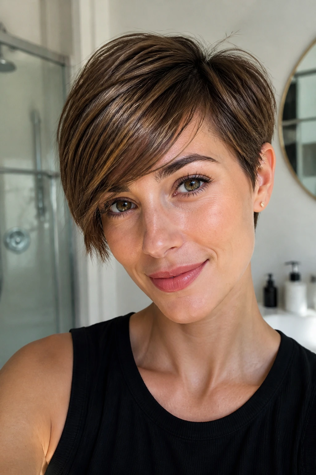 Real person with diagonal fringe showing lift and movement.