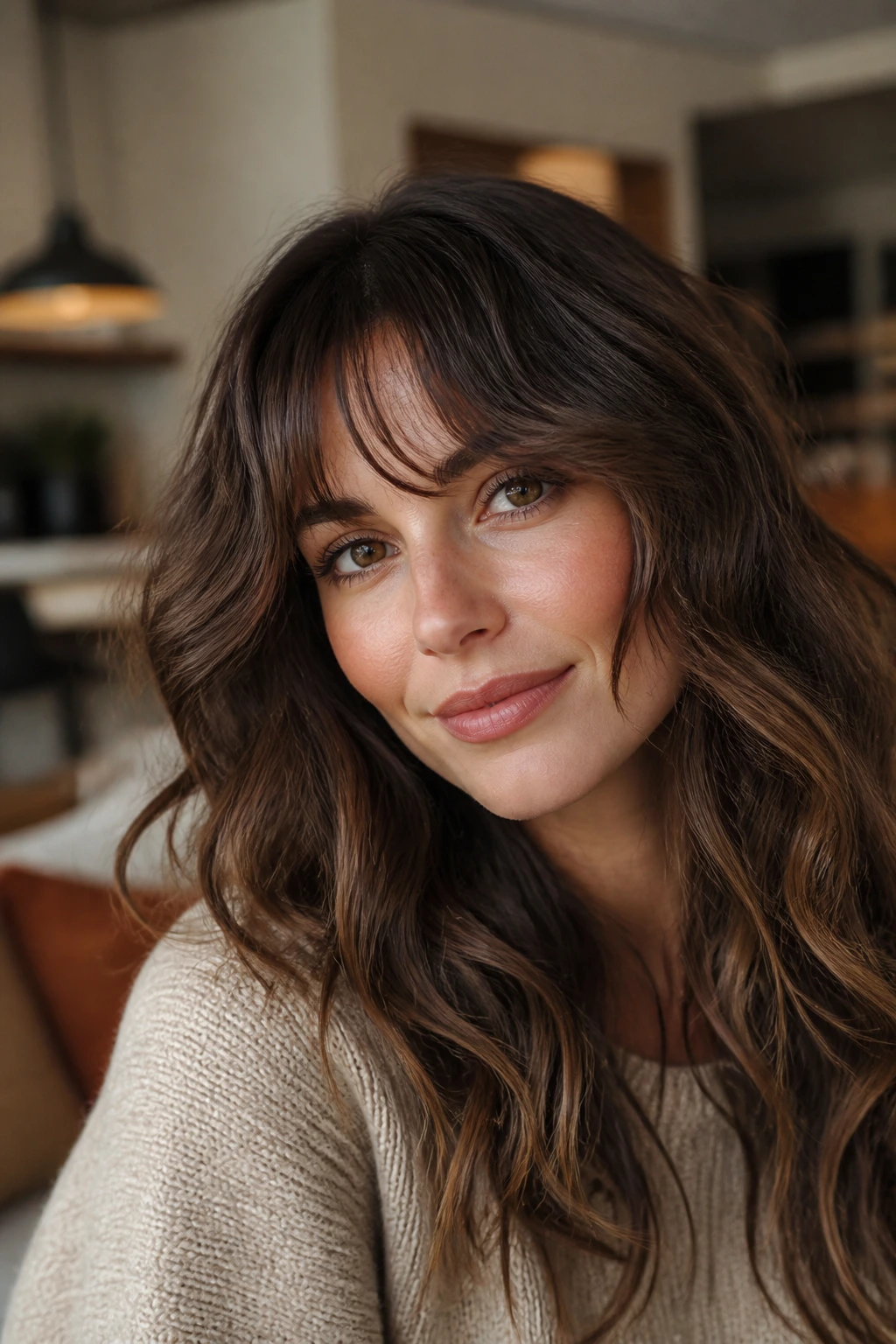 Real woman with movable fringe bending at the cheekbone in cozy indoor lighting.