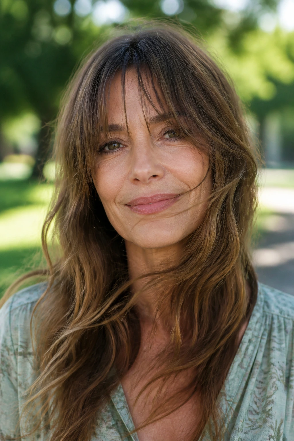Portrait of a real woman with long curtain bangs moving with the breeze