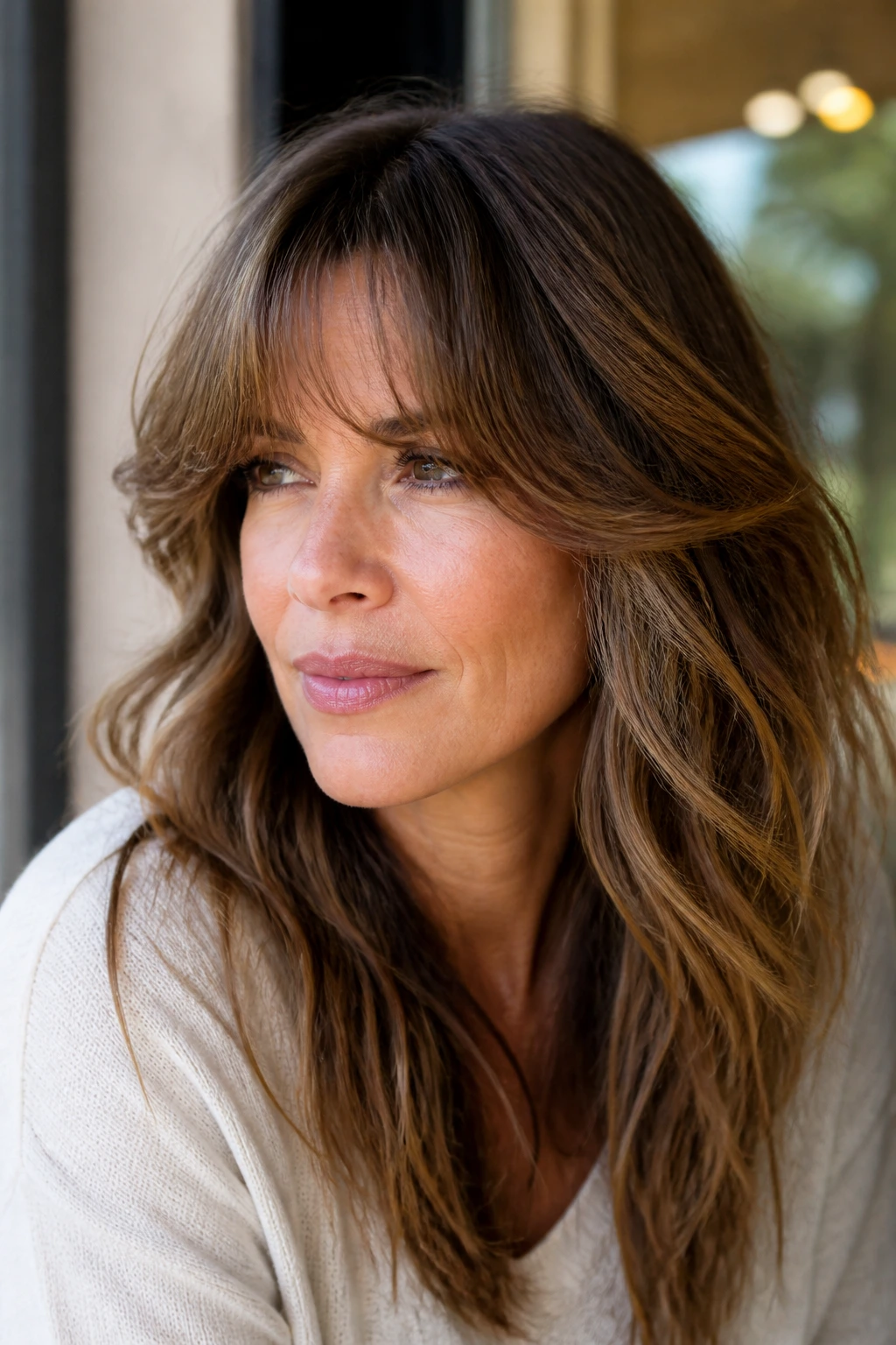 Woman with long layered bangs that move with her waves.