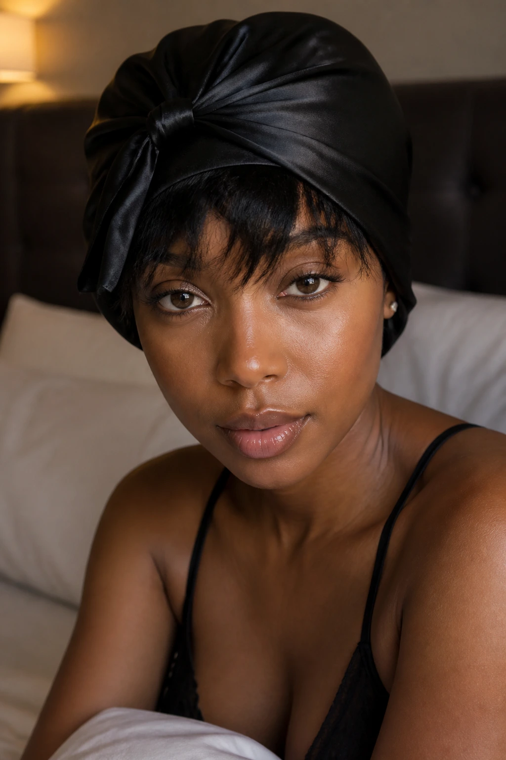 Real woman with fringe tucked under satin night scarf in a softly lit bedroom